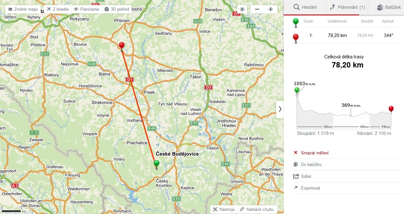 Profil okolí - Kleť - mapy.cz