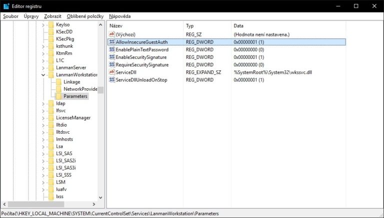 Allowinsecureguestauth нет в реестре windows 10